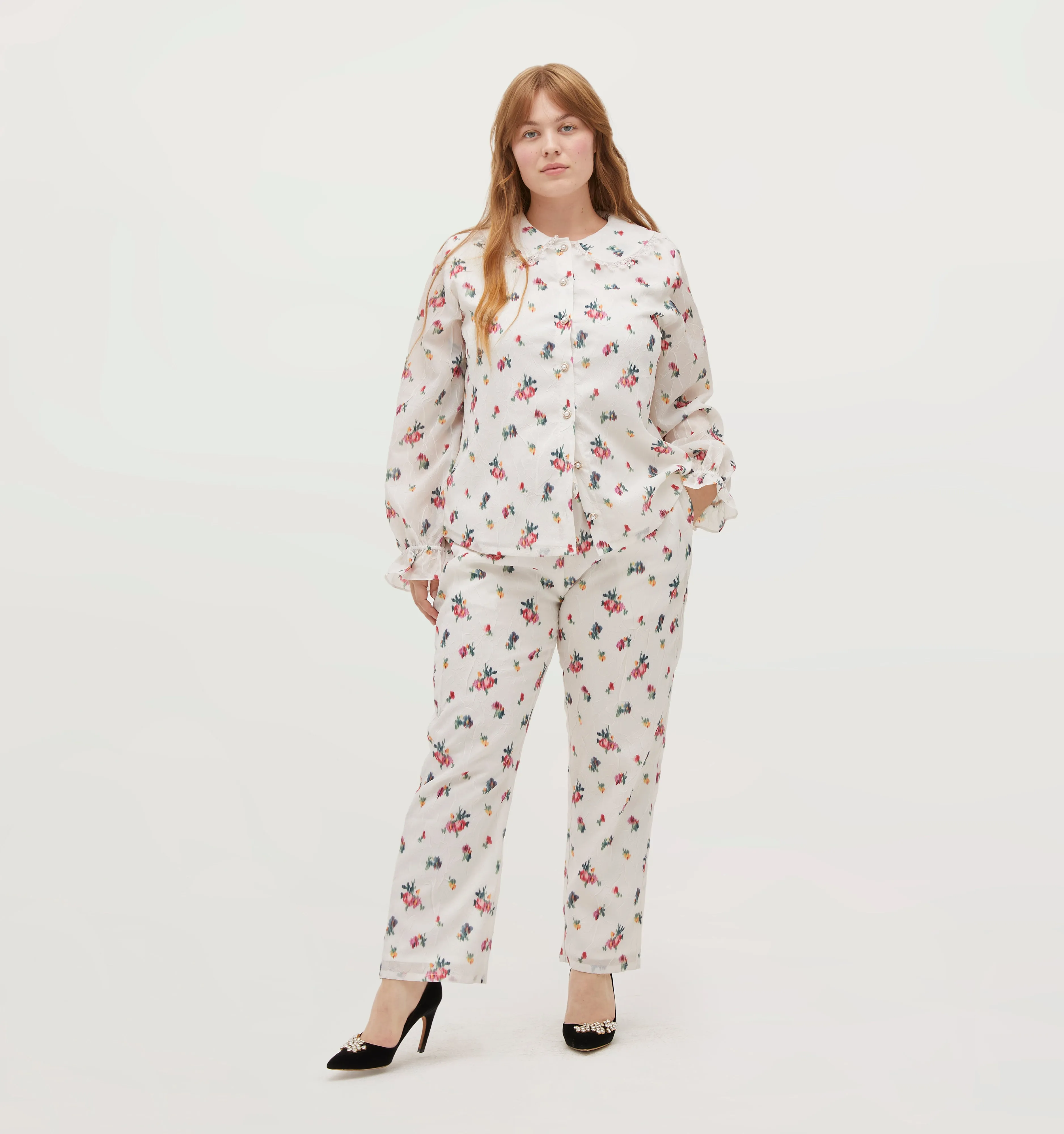 The Going Out Pajama Set - Ivory Ikat Floral Crushed Taffeta