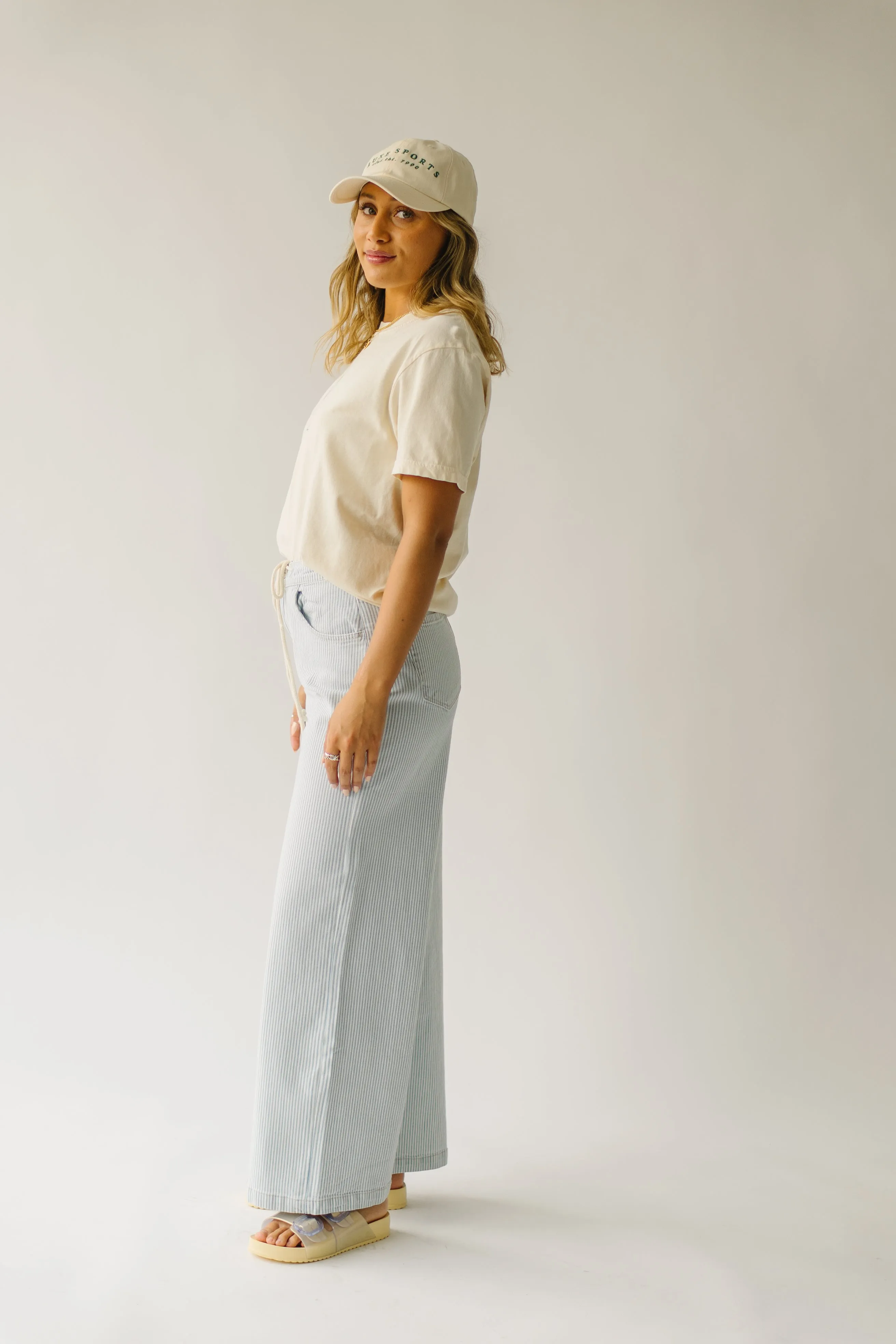 The Mendoza Waist Tie Wide Leg Pant in Blue Stripe