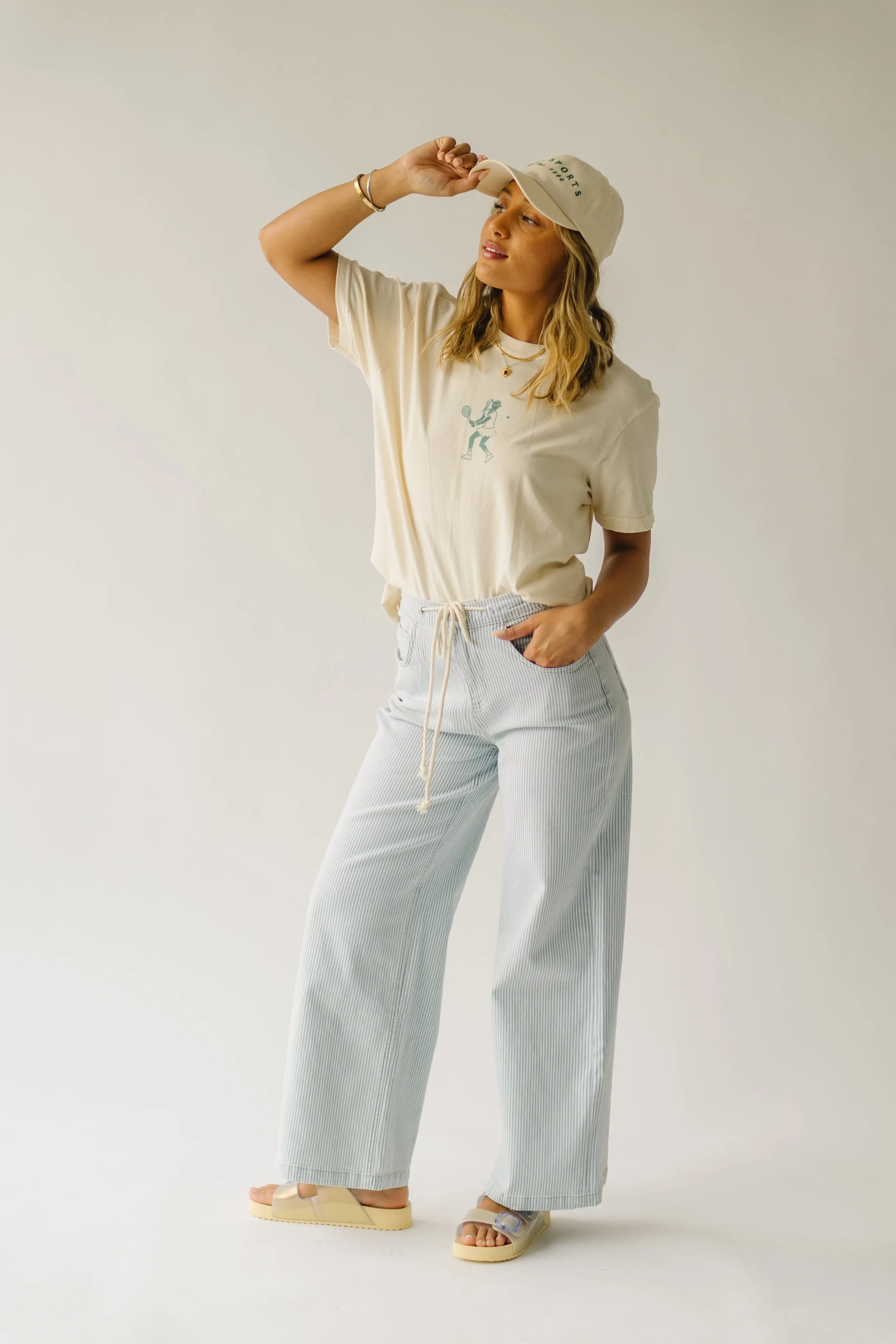 The Mendoza Waist Tie Wide Leg Pant in Blue Stripe