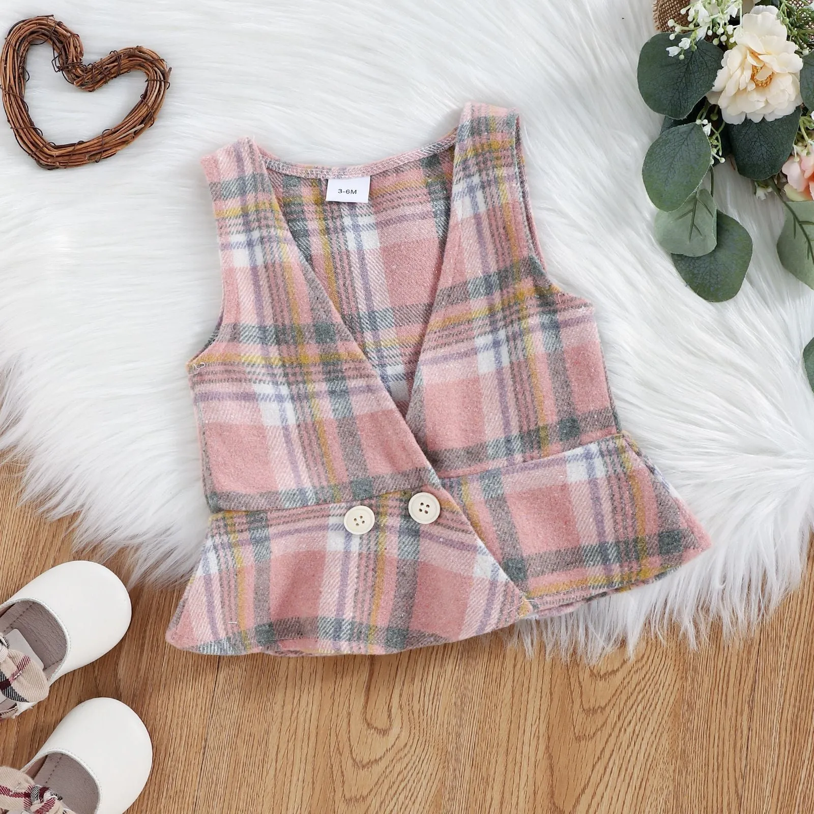 Toddler Kids Girls Solid Color Lace Flared Sleeve Tops Pink Plaid Vest Pants Set