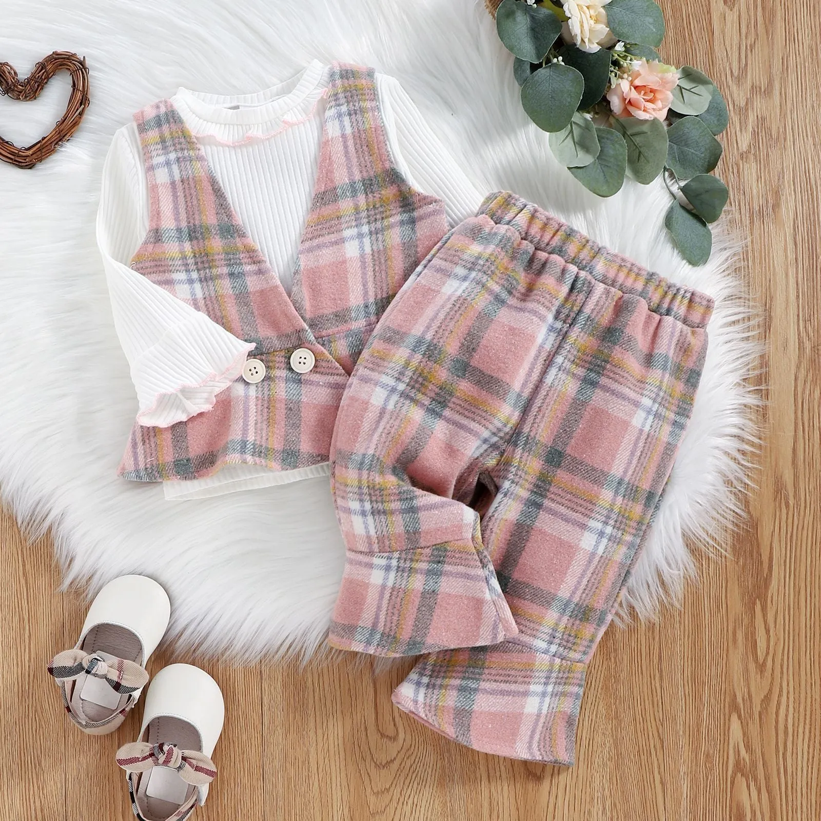 Toddler Kids Girls Solid Color Lace Flared Sleeve Tops Pink Plaid Vest Pants Set