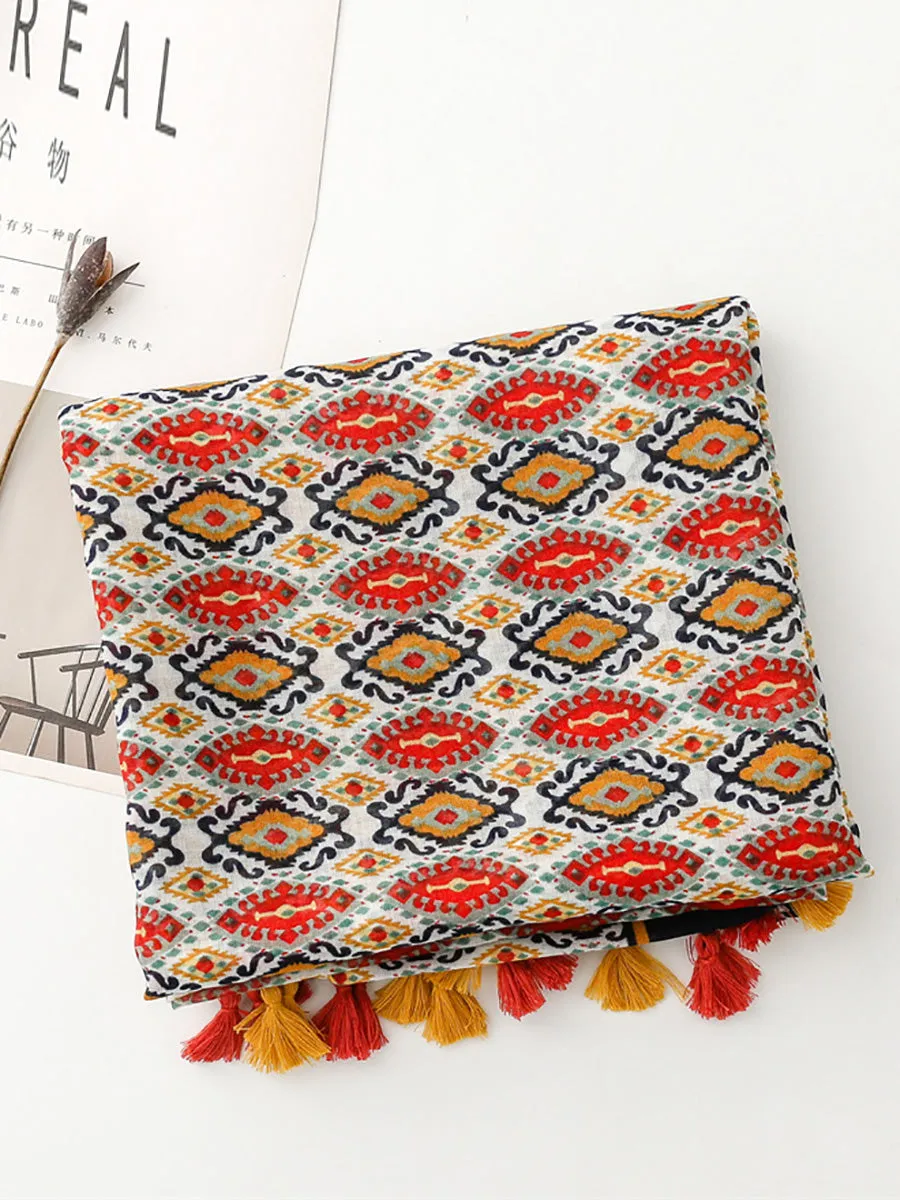 Women Ethnic Print Tassel Shawl Scarf KL1036